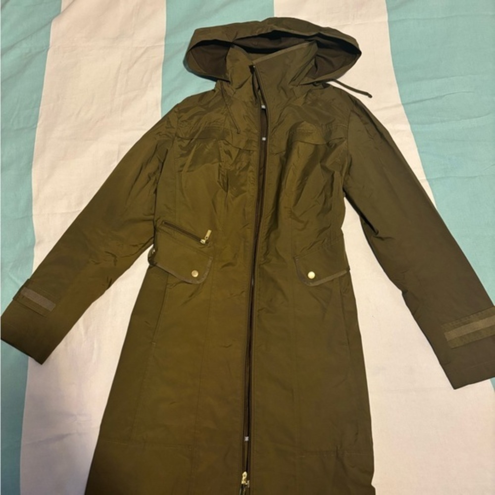 Cole Haan Green Utility Jacket with Hood and Full-Length Zipper